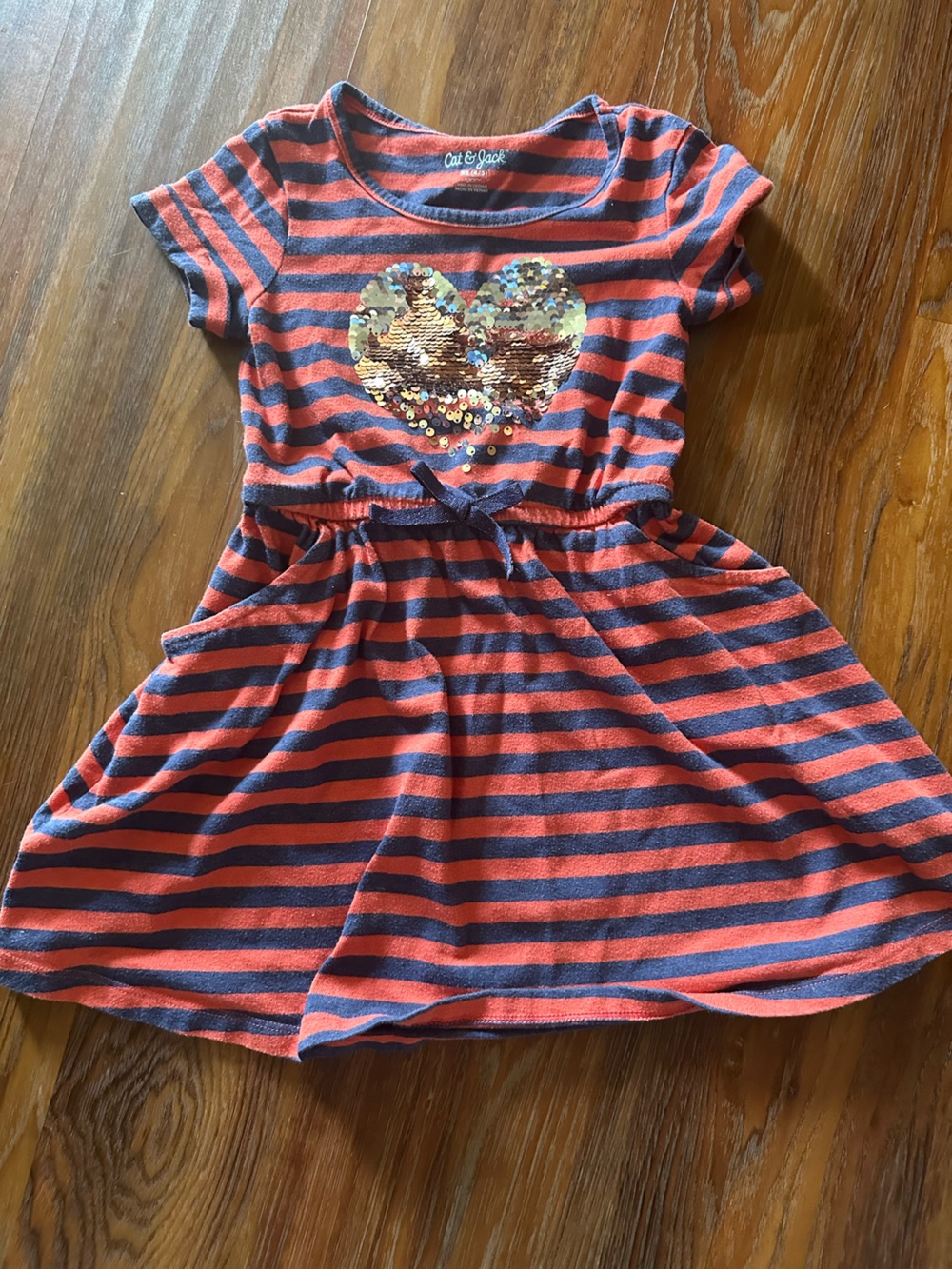Girls Red and Navy Striped Sequin Heart Romper dress